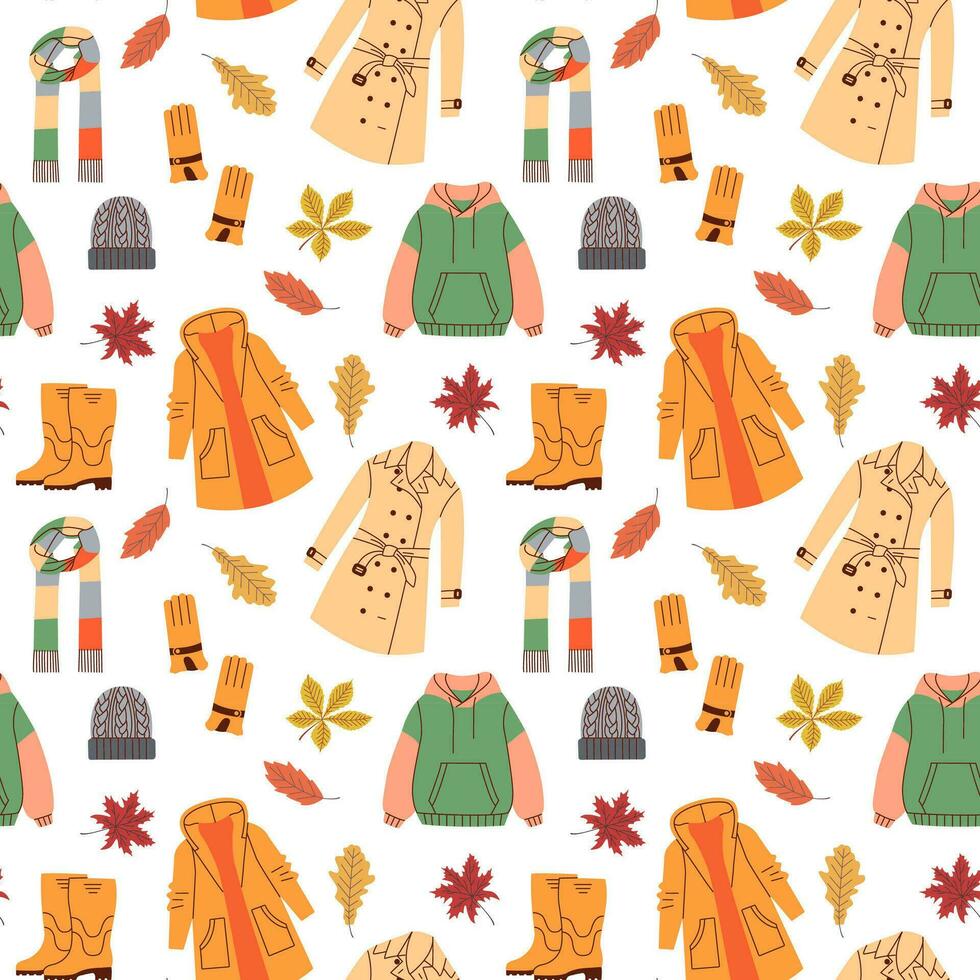 Autumn clothing pattern. Casual wears, outdoor outfits, rainy season accessories, shoes, raincoats and gloves and orange leaves, vector cartoon flat set.