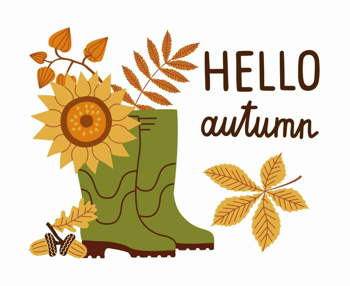 Autumn plants in rubber boots. Harvest gathering time. Agricultural concept. Flat vector illustration on white background.