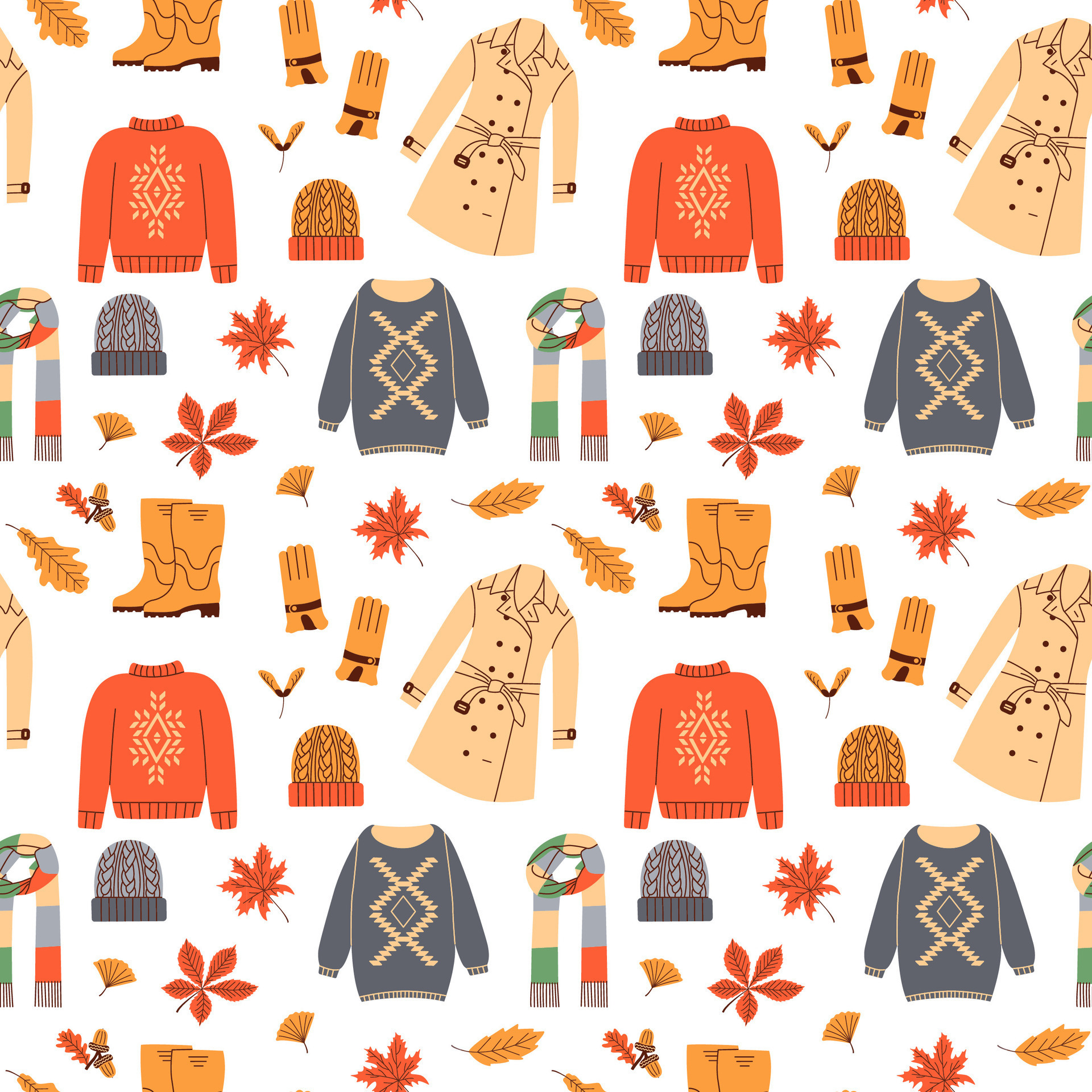 Autumn clothing pattern. Casual wears, outdoor outfits, rainy season ...