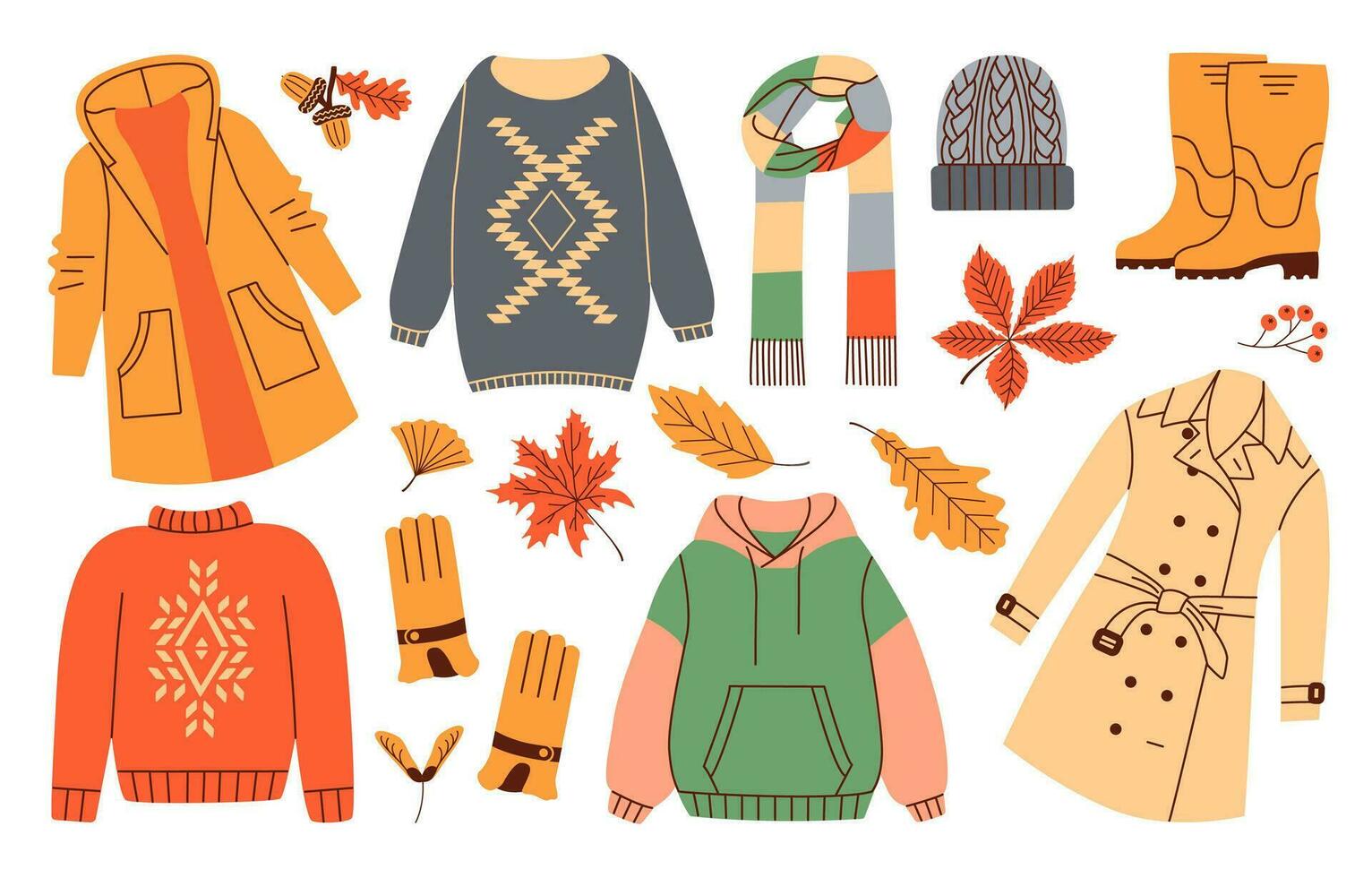 otoño ropa. casual viste, al aire libre trajes, lluvioso temporada accesorios, zapatos, impermeables y guantes y naranja hojas, vector dibujos animados plano colocar.