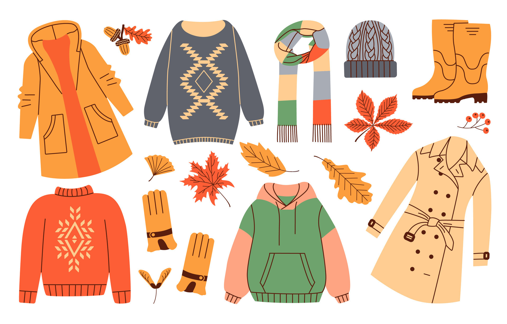 Autumn clothing. Casual wears, outdoor outfits, rainy season ...