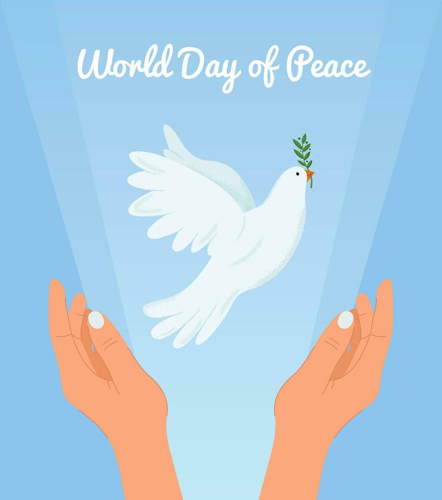 Flying dove of peace with olive branch on the inscription world day of peace on light blue background. vector