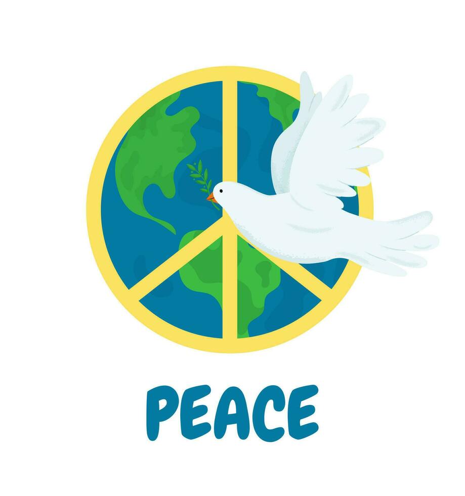 paloma de paz con aceituna rama. concepto apoyo el planeta tierra mundo paz y el inscripción mundo día de paz. internacional día de paz plano vector ilustración