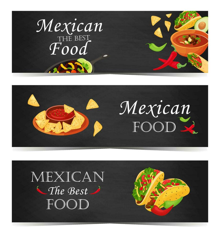 Horizontal posters with mexican traditional food, ingredients, text. Tacos, nachos, burritos, chili, fajitas, bean soup. Vector set banners for the menu on a black chalk board.