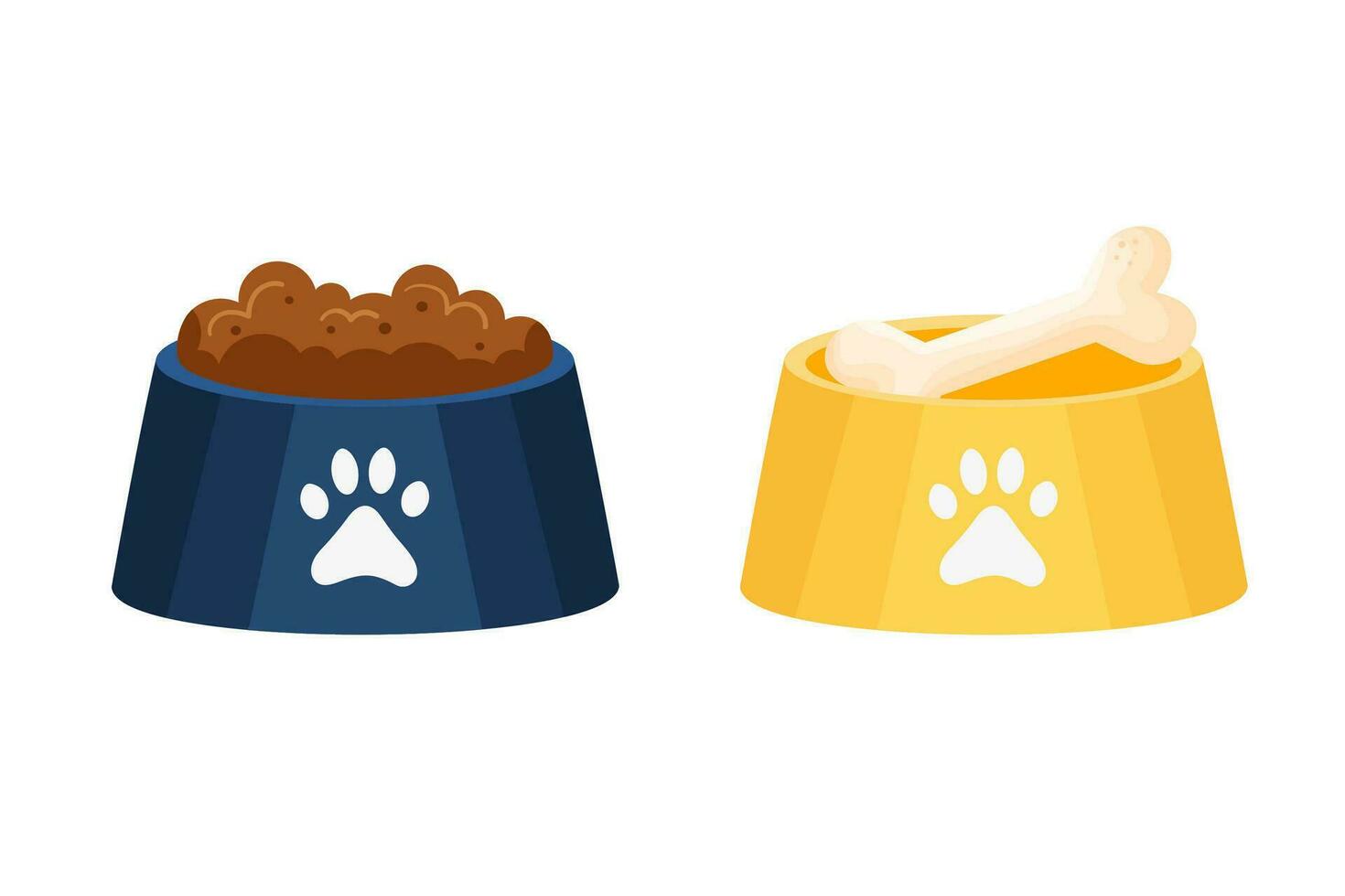 Feed bowl, pet food plates vector illustration. Bowl with feed and crockery with bone for dogs. Favorite dog treat on white background