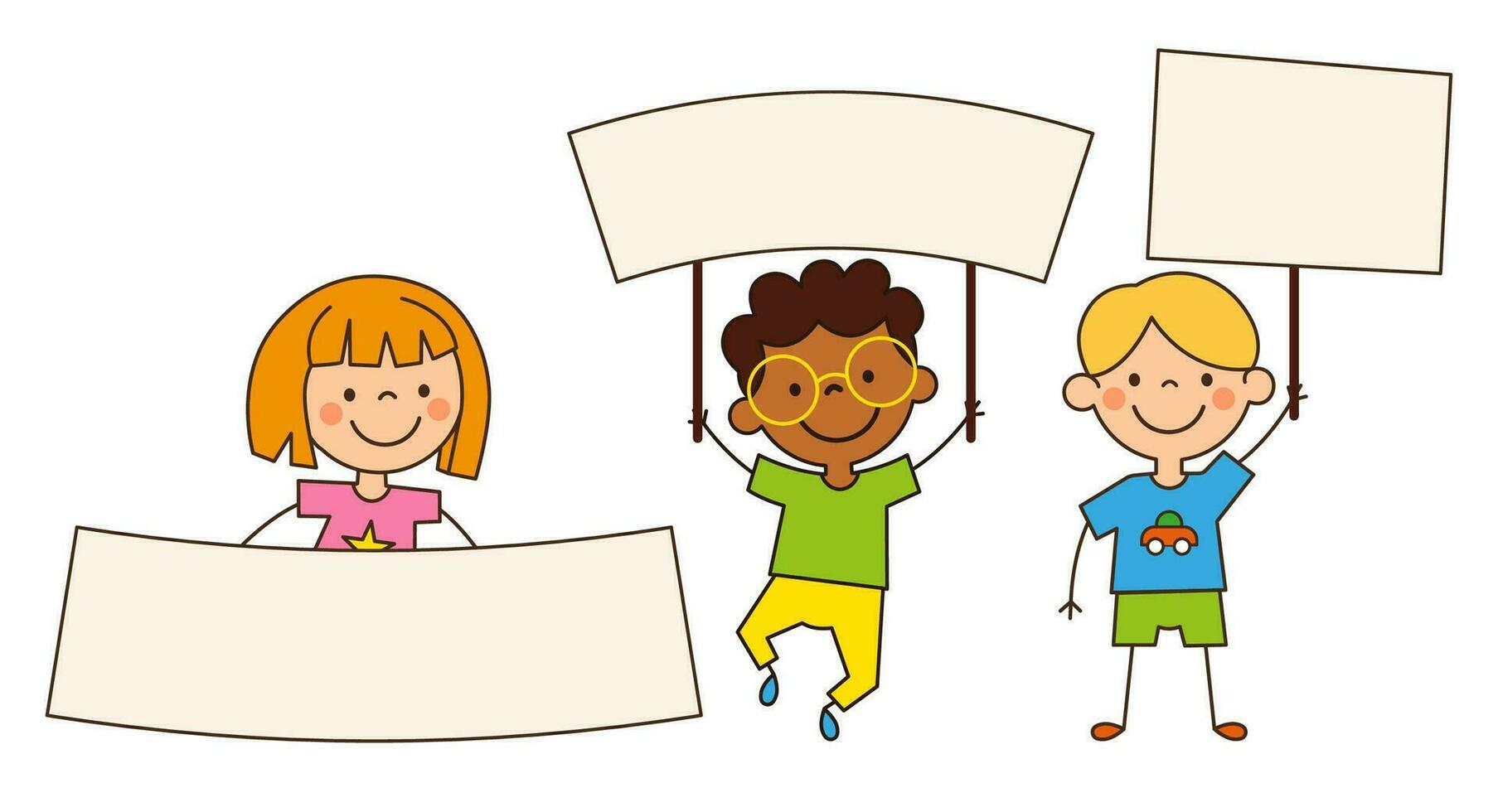 Set of cute Preschoolers Boys and Girl with blank banners in hands vector