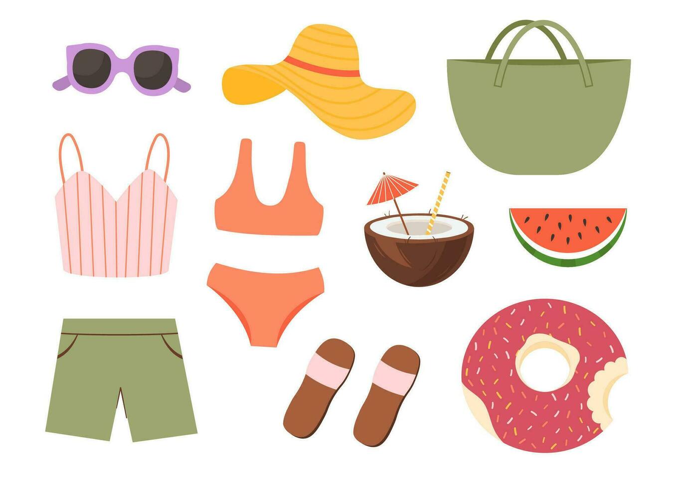 Summer women elements accessories for beach vacation. Female items for holiday season. Vector set icons isolated on white background