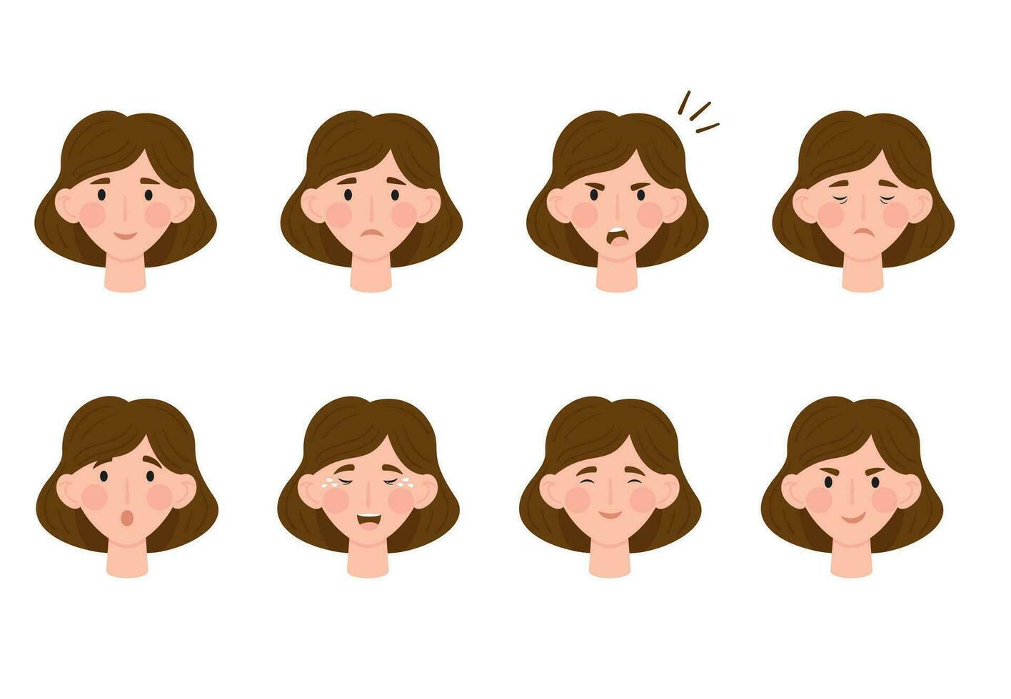 Girl face with different emotions. Young woman face expressions. Portrait avatar. Vector illustration for designs, prints, patterns. Isolated on white background