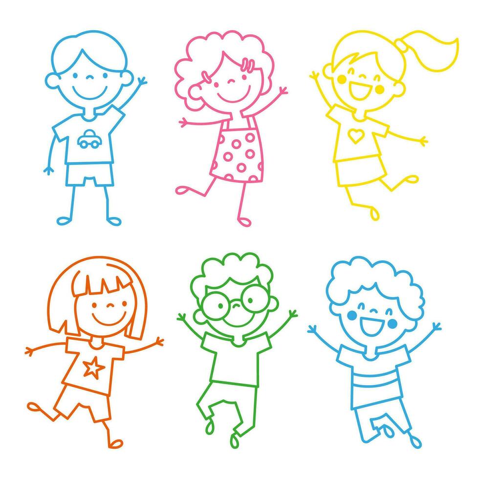 Colorful set of cartoon character Boys and Girls outline style vector