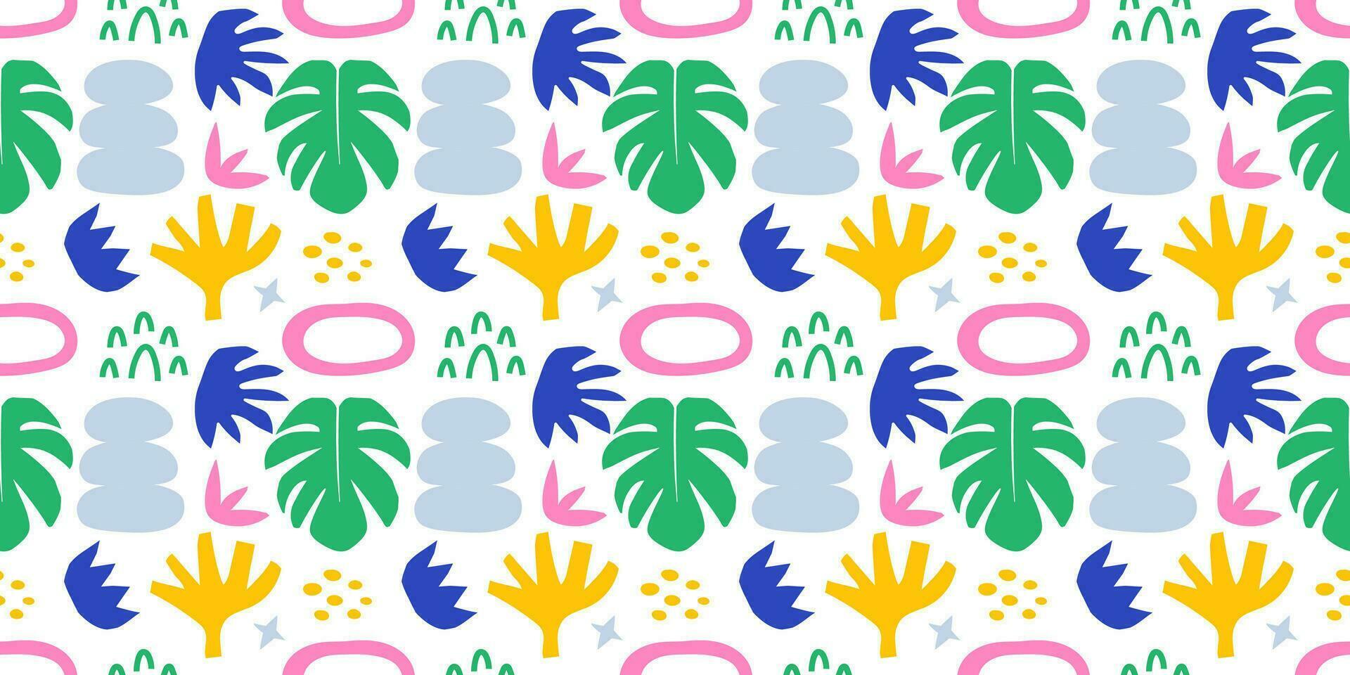 Summer abstract shapes tropical leaves, plants and doodles seamless pattern vector