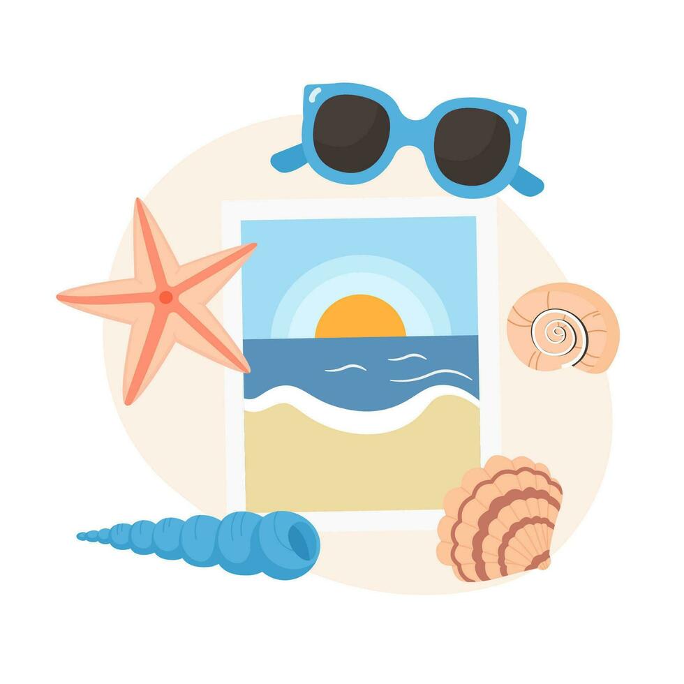 Sea snapshot, seashells, sunglasses, summer illustration vector