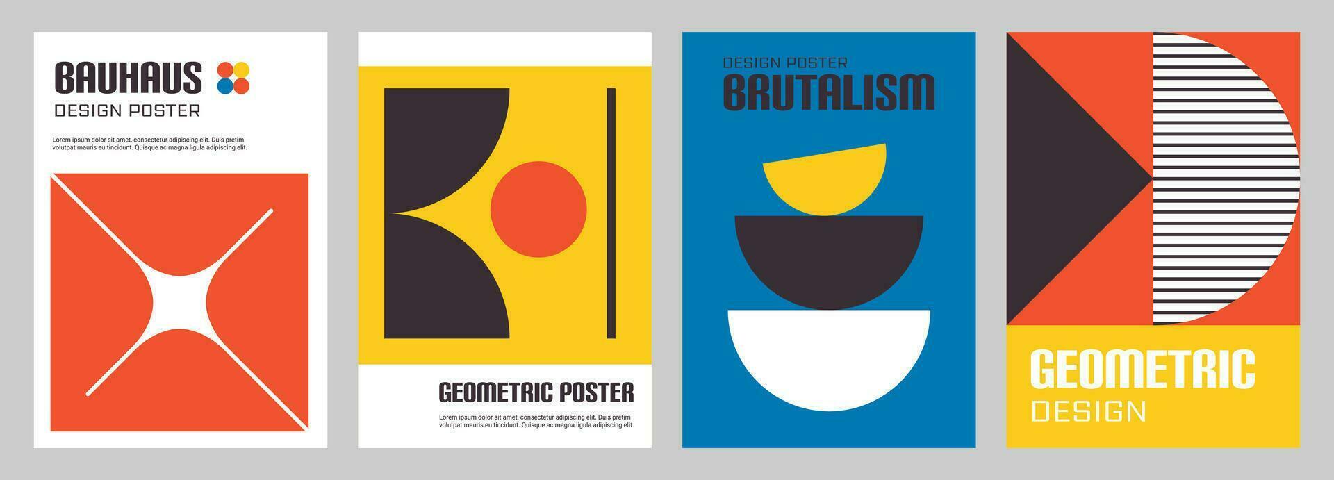 Vertical posters, flyers templates design in y2k Brutalist style. Minimalist colorful Swiss Bauhaus shapes on cover. Flat colorful vector illustration