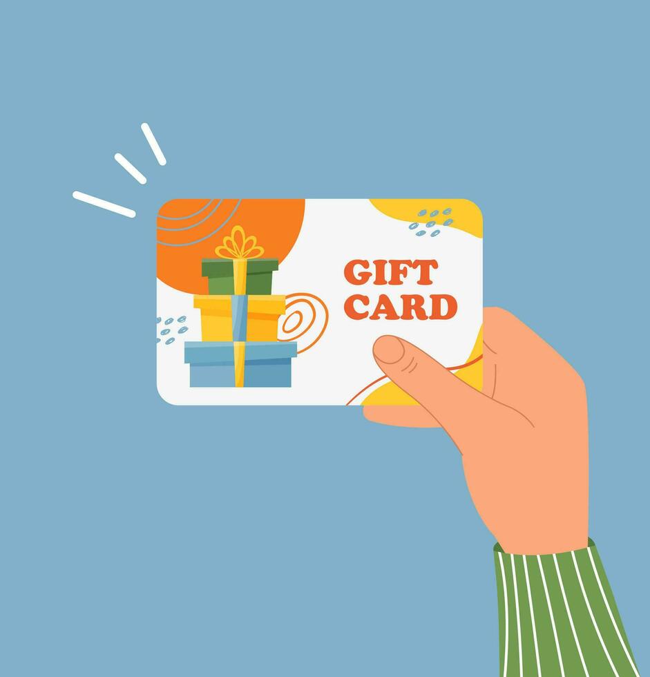 Hand holding gift card. Loyalty card with abstract patterns, gift boxes. Shopping discount certificate present for customer on a white background vector illustration