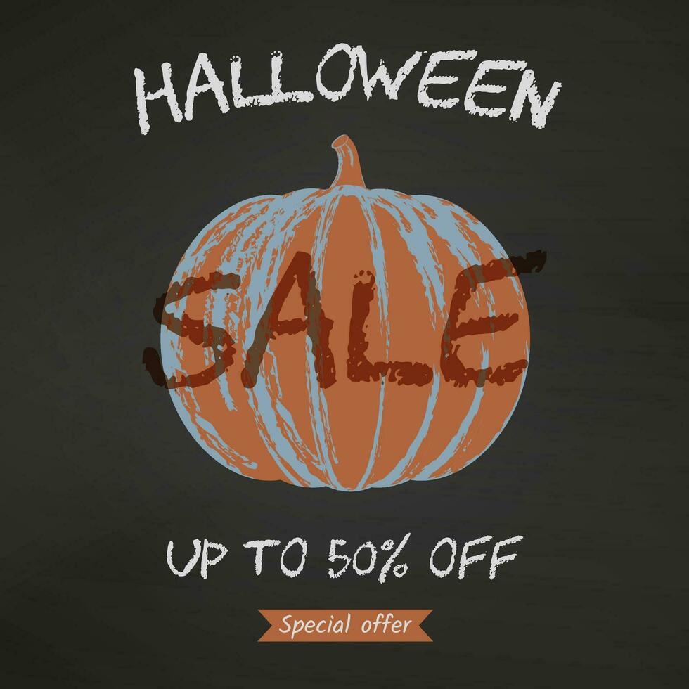 Halloween sale black poster with abstract pumpkin in grunge style. Discount, promotion, offer flyer. Retro square dark banner. Vector illustration