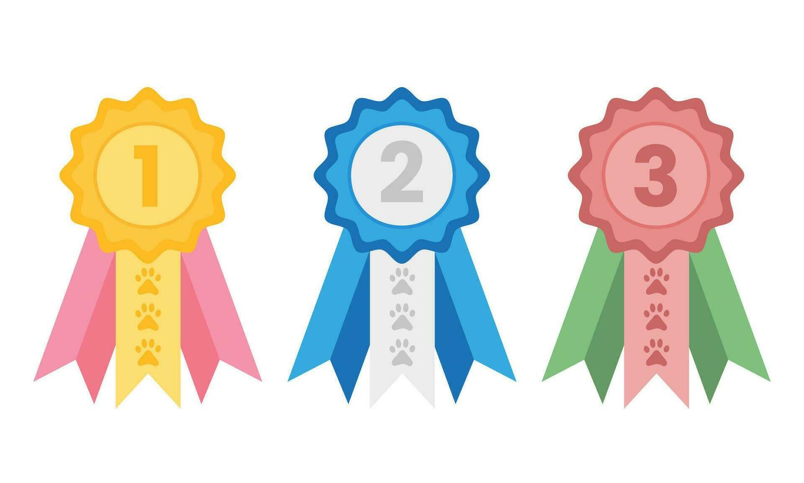Badges with ribbons with paw silhouette. Rosette quality mark award for pets. Dog paw trophies medal. Vector illustration in flat style isolated on white background