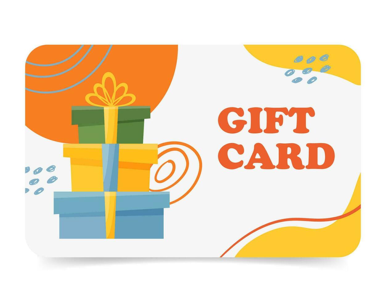 Gift card template vector illustration. Loyalty card with abstract patterns, gift boxes. Shopping discount certificate for customers on a white background