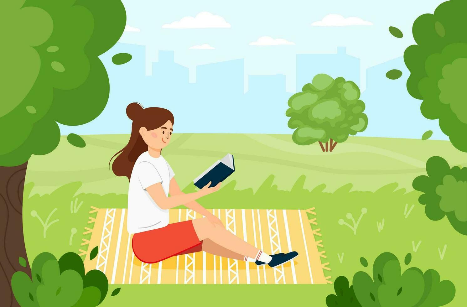 Reading girl. Young woman reading book in city park among the trees. Summer time relax. Cityscape. Vector flat illustration