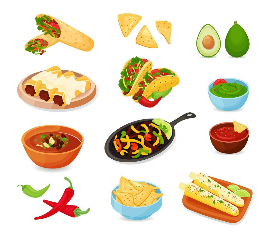 Mexican traditional food set. Guacamole, burrito, tacos, nachos, chili, salsa. Mexican, street, home food icons for menu. Vector illustration on white background