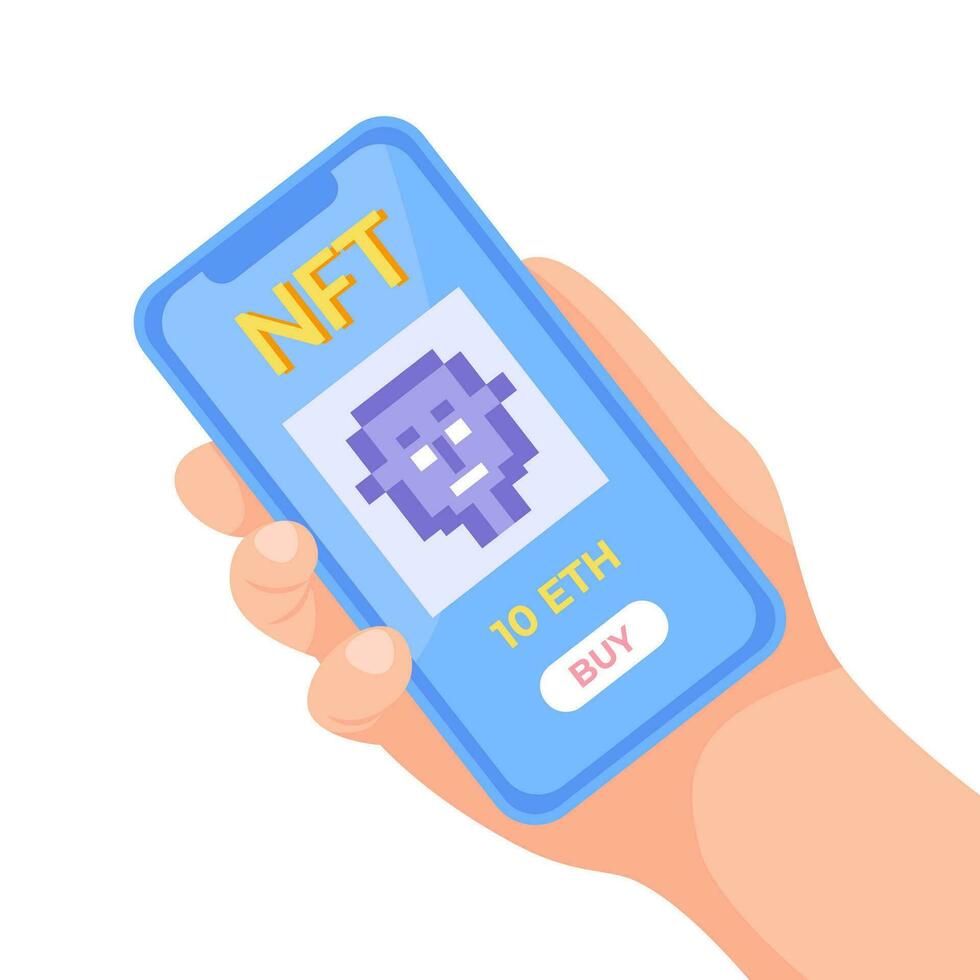 Buy digital art NFT non fungible token concept. Hand holding smartphone