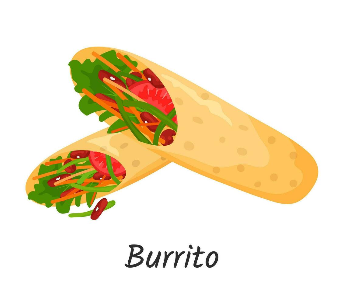 Burrito mexican traditional food cartoon style. Mexican, street, home food icon for menu. Vector illustration Isolated on white background