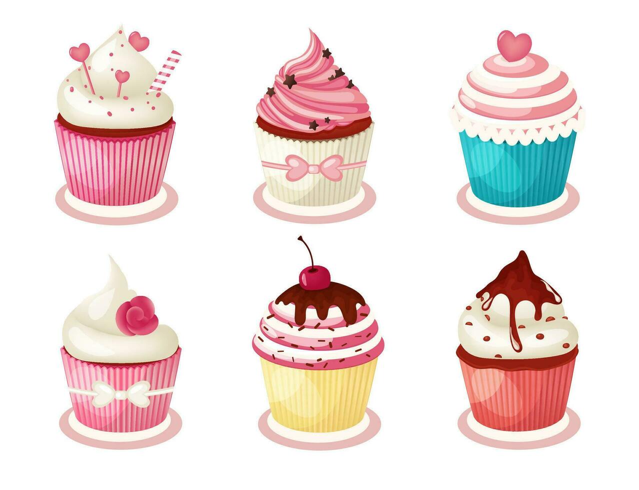 Set of sweet cupcakes cartoon style. Delicious desserts decorated cherries, chocolate, crumbs, cream, heart top. Vector illustration iolated on white background