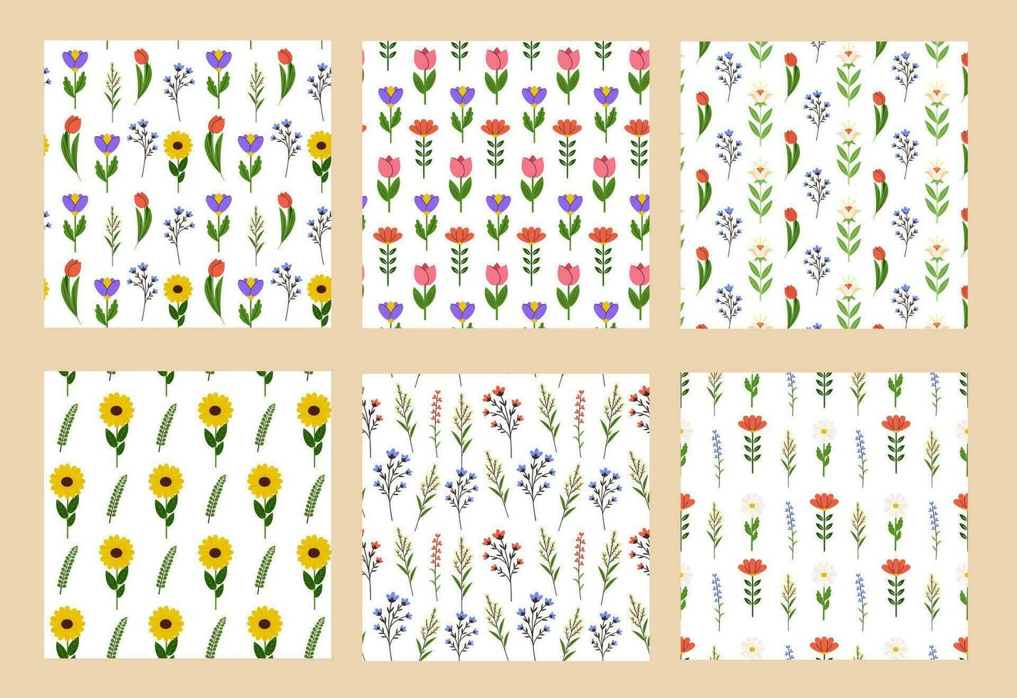Various garden and field flowers seamless pattern set. Spring and summer floral, repeating print. Botanical background, texture design for textile, fabric, wrapping. Vector flat illustration