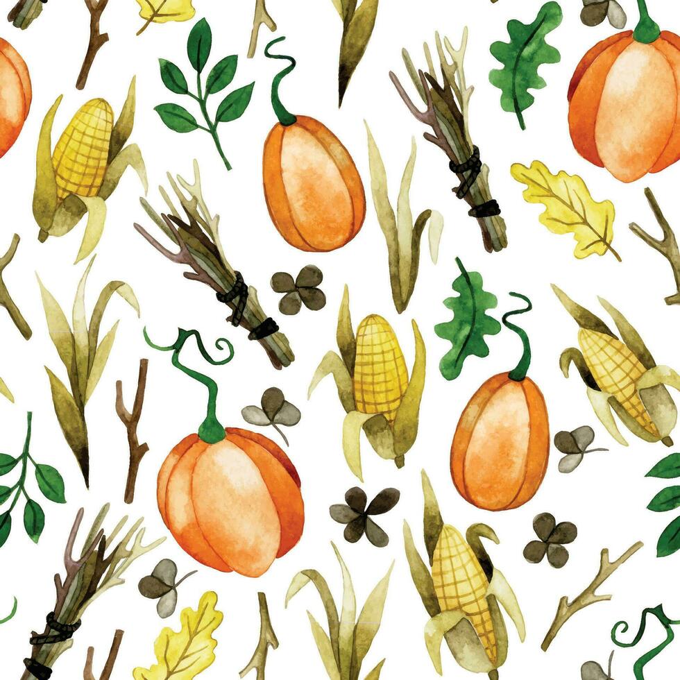 Seamless watercolor pattern on the theme of halloween. Cute vintage print with pumpkins, thanksgiving day, autumn. vector