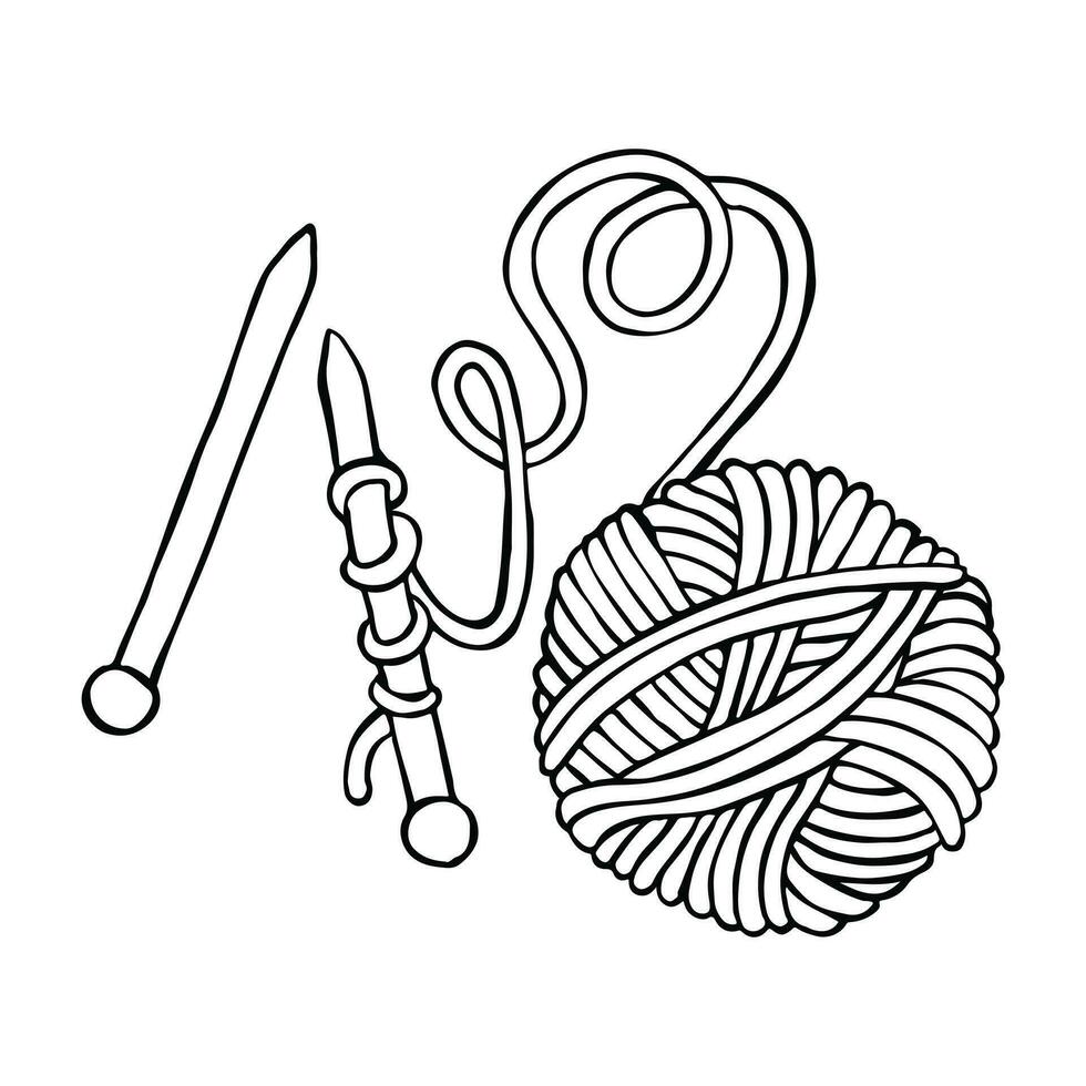 vector drawing in doodle style. a ball of wool and knitting needles ...