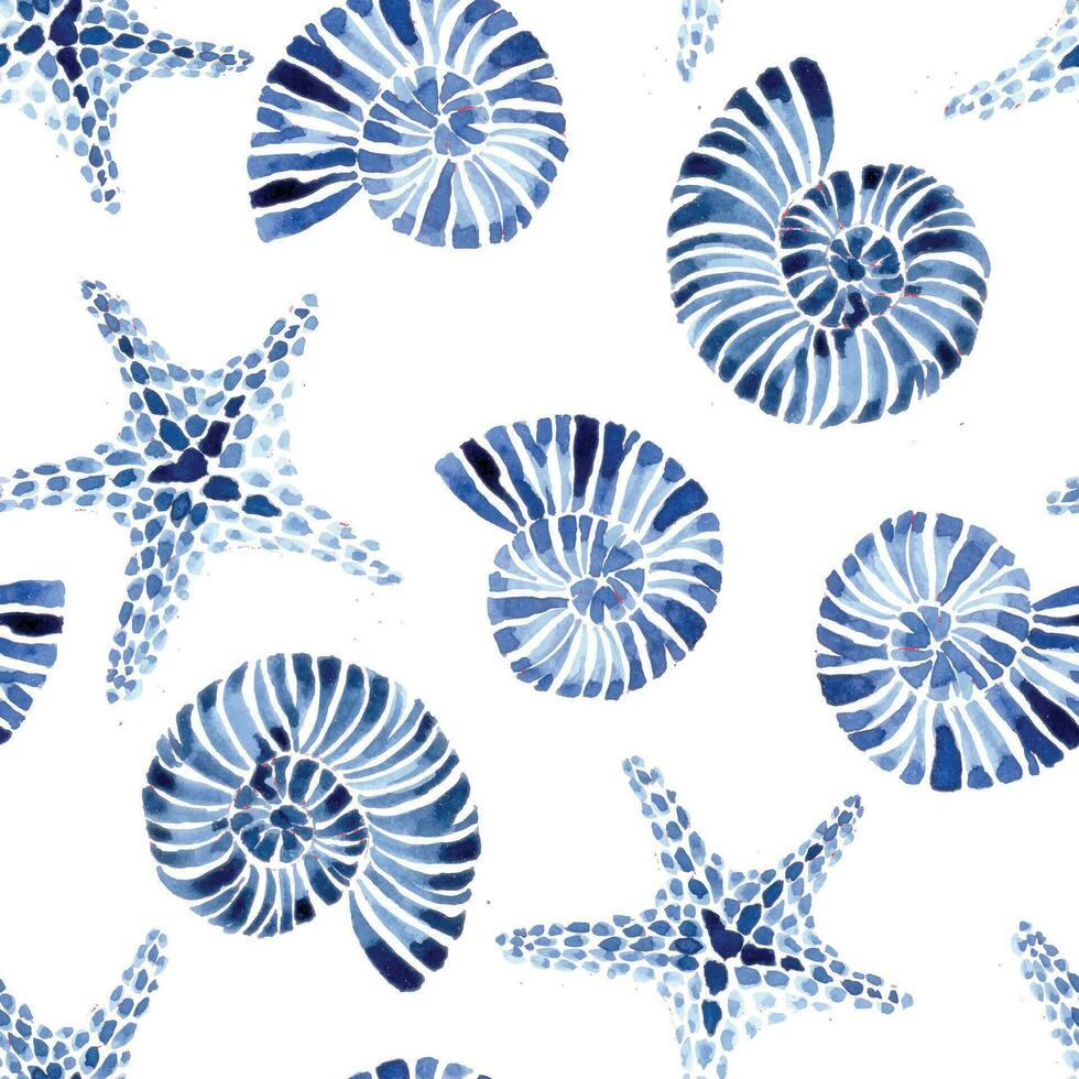 watercolor seamless pattern, with seashells and starfish. ocean sea theme, blue print on white background vector