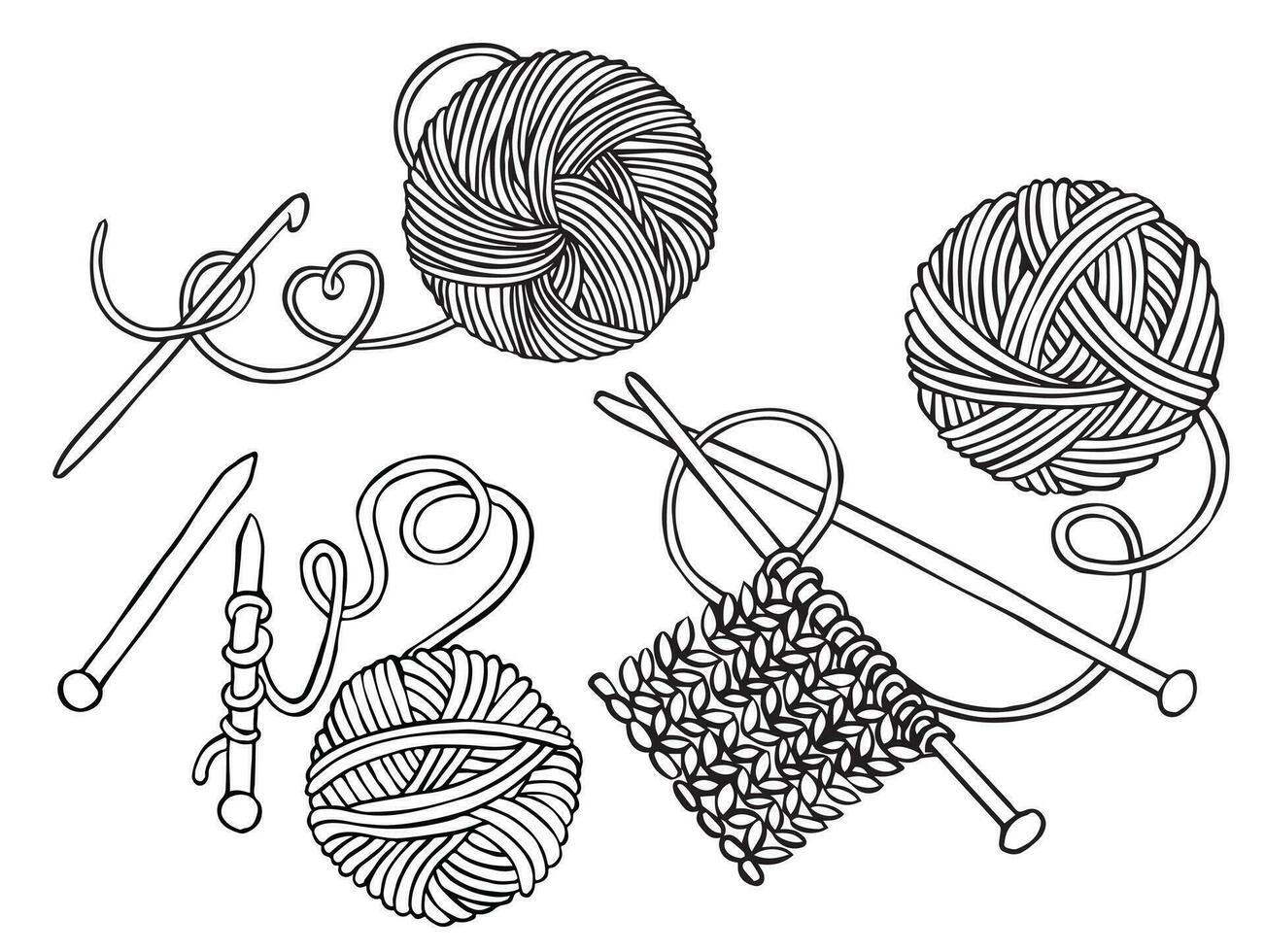 vector linear drawing on the theme of knitting. needlework, balls of ...