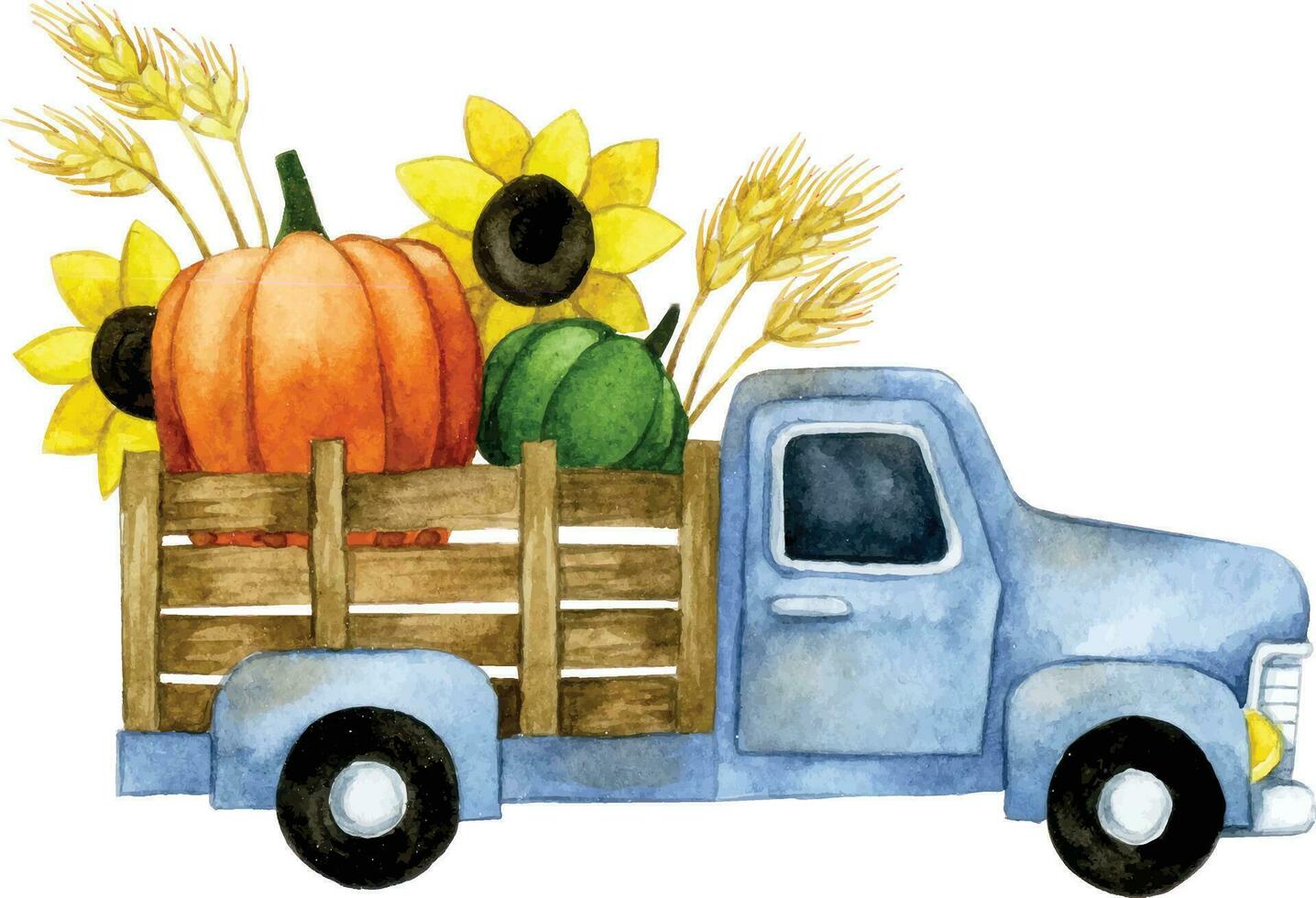 watercolor drawing. cute thanksgiving composition. pumpkin car. autumn, harvest, funny vintage print vector