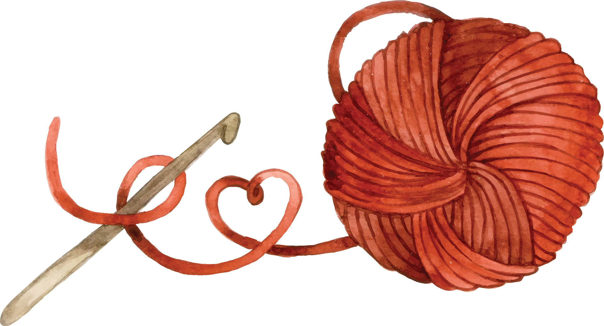 watercolor drawing. a ball of wool and a crochet hook. needlework