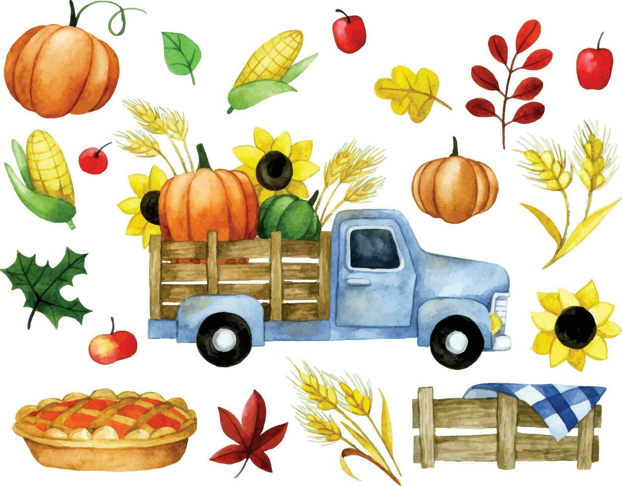 acuarela dibujo. conjunto de acción de gracias elementos, linda dibujos en el tema de otoño. calabazas, cosecha máquinas vector