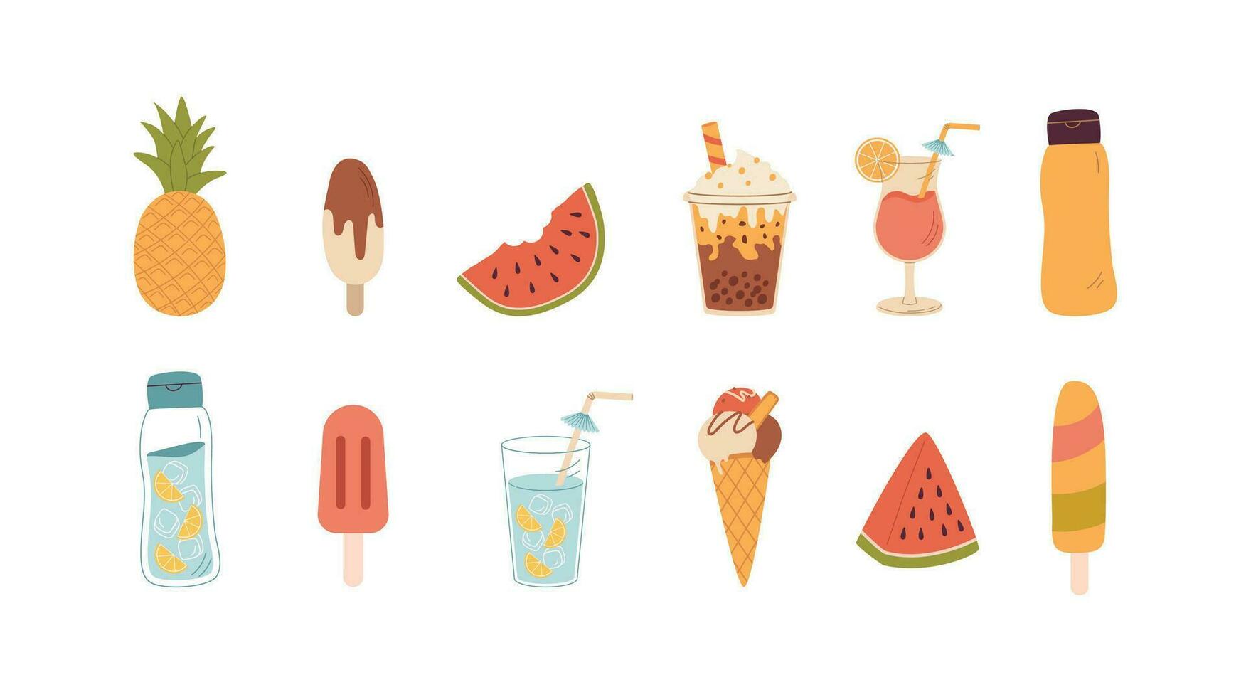 A set of summer drink, food and fruit vector illustration. Cocktail, ice cream, water, watermelon, pineapple, latte, bubble milk tea.
