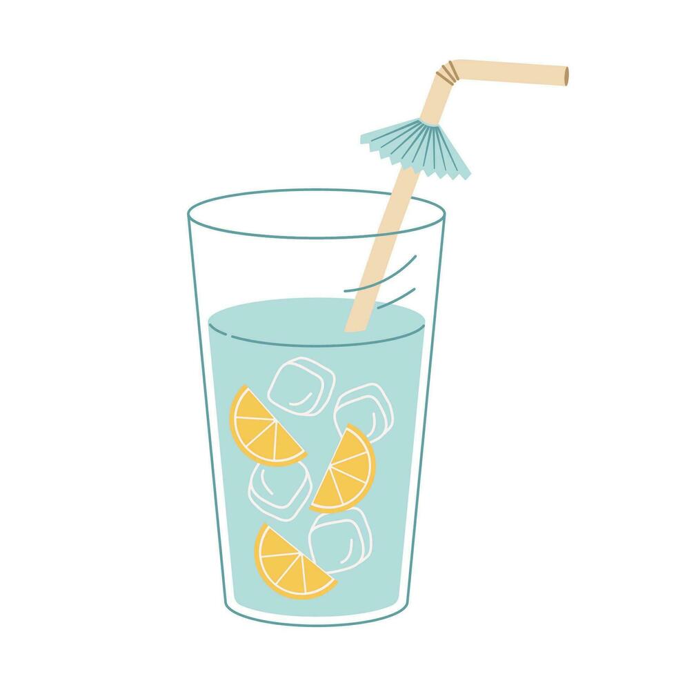 Water with ice and lemon in glass. Plastic free, zero waste concept. Flat vector illustartion.