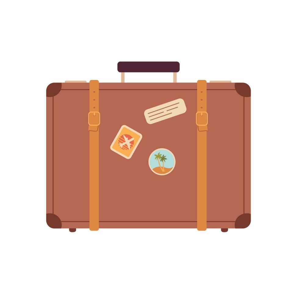Vintage traveling leather suitcase with stickers. Cabin luggage vector illustration. Baggage icon