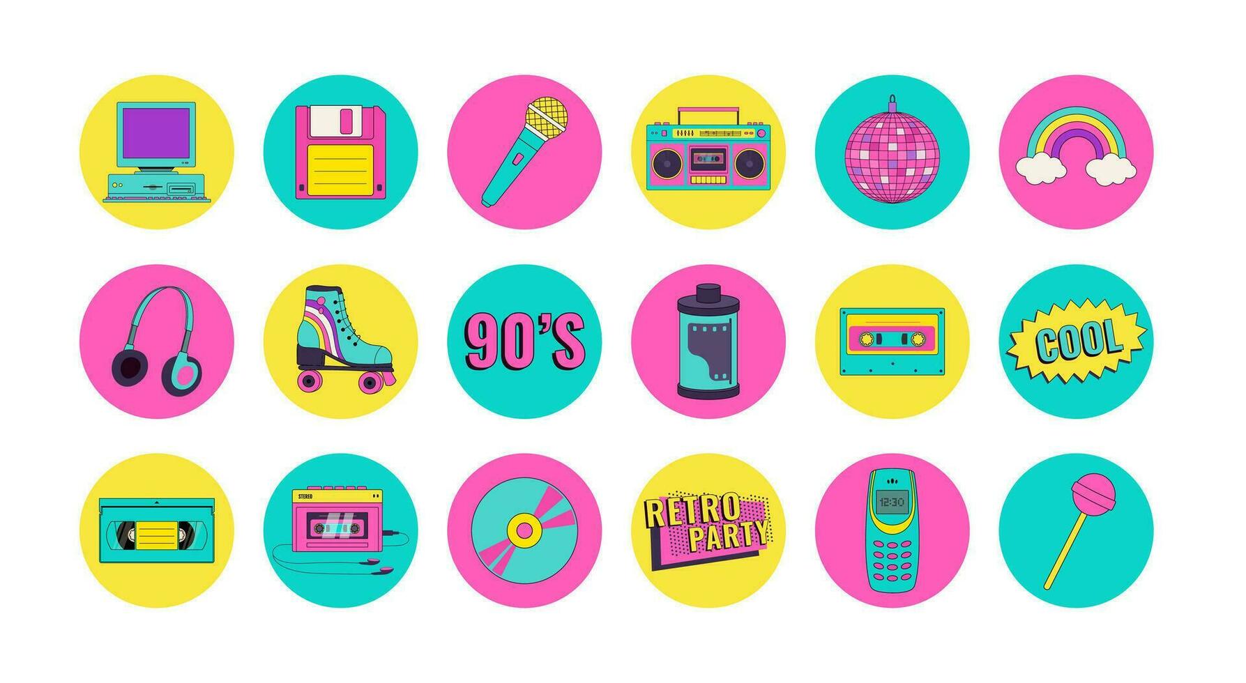 Set of 90s 00s retro device icons in modern pop style. Vintage audio player, cassette, old pc, floppy disk, mobile phone, headphones vector illustration. Nostalgia for 1990s