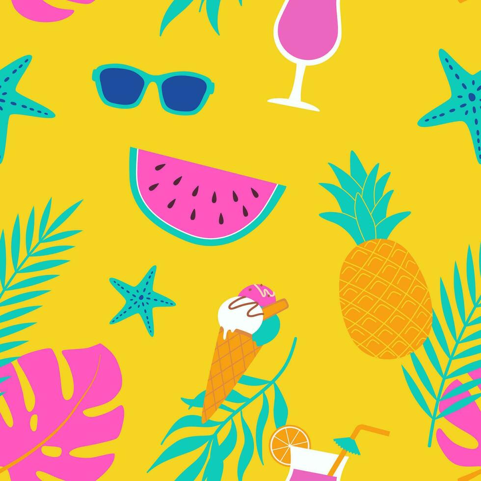 Summer seamless pattern with beach accessory and fruit. Watermelon, sunglasses, ice cream, pineapple, coctail, tropical leaves. Vector illustration. Fashion print, fabric design, wrapping paper.