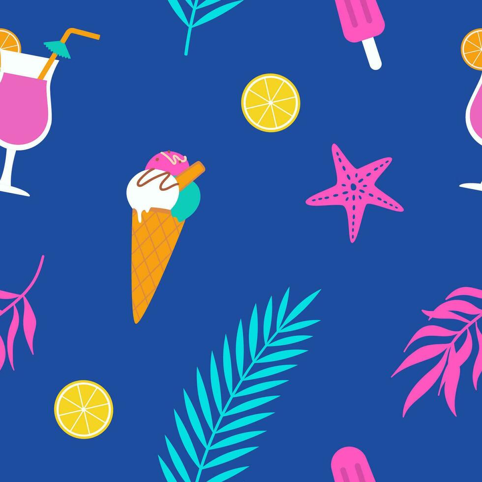 verano sin costura modelo con hielo crema, tropical hojas, limón y estrella de mar. vector ilustración. imprimir, tela diseño, envase papel.