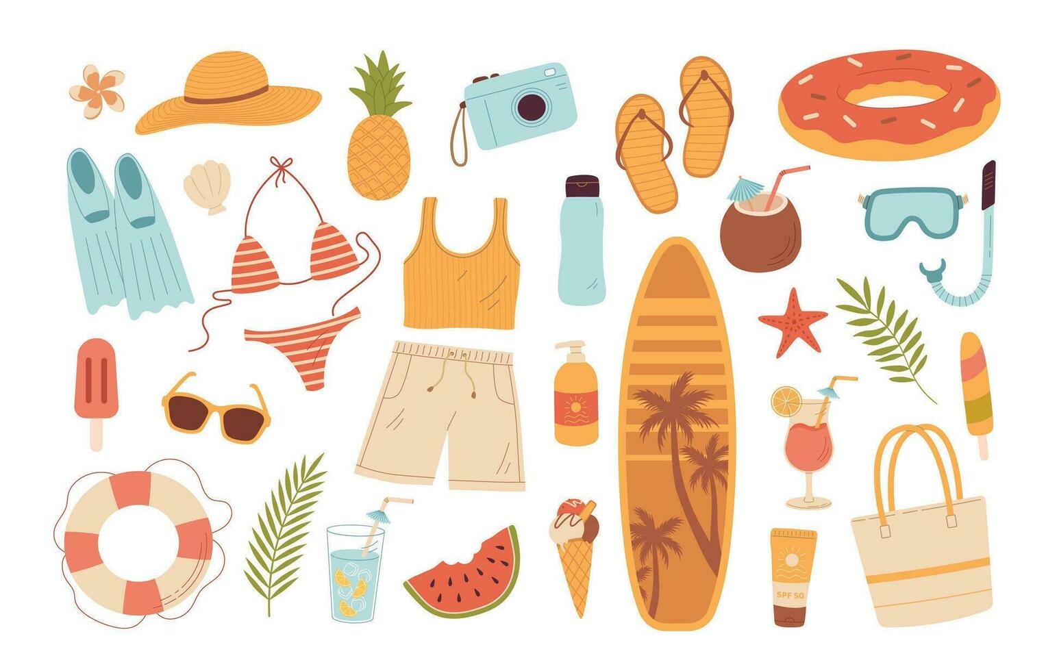 Cartoon summer beach stuff vector illustration. Summertime items. Vacation accessory for sea holidays. Surfboard, snorkeling mask, slippers, ice cream, fruits, sunglasses, cocktails, swimsuit, hat