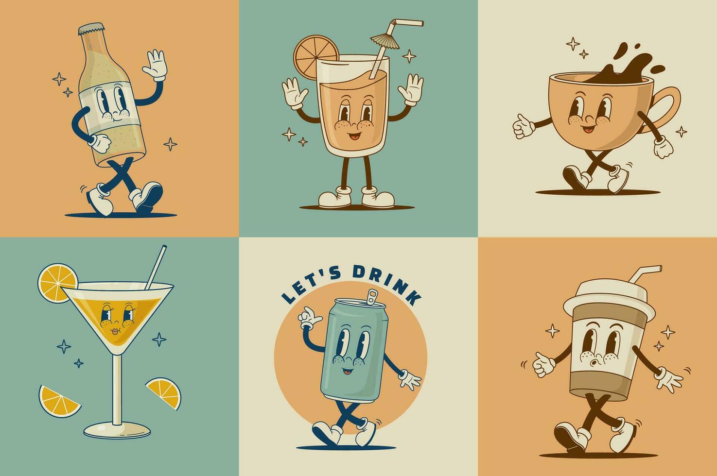 Set of retro cartoon funny characters. Martini coctail, coffee cup, cappuccino, latte, fresh juice, beer, soda can mascot. Vintage drink vector illustration. Nostalgia 60s, 70s, 80s