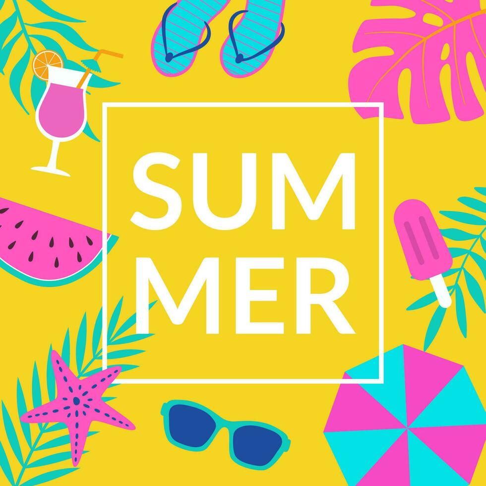 Summer sale background with abstract tropical leaves and modern typography. Beach top view, watermelon, sunglasses, ice cream vector illustration. Online shoping poster, flyer, social media template