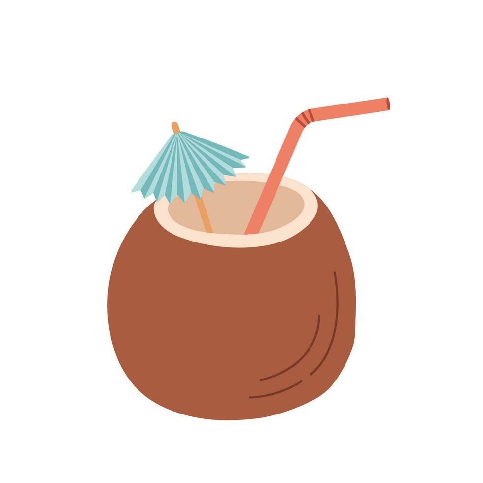 Coconut coctail with straw vector illustration. Tropical drink