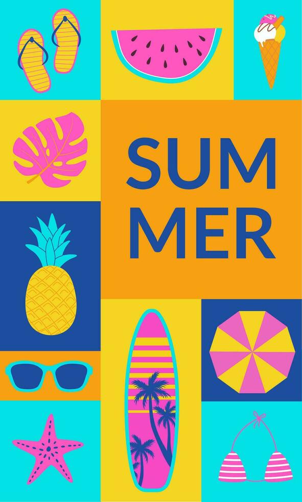 Summer background in geometric style. Summertime poster banner, flyers design for web, shop, bar, travel. Surfboard, beach umbrella, bikini, starfish vector illustration
