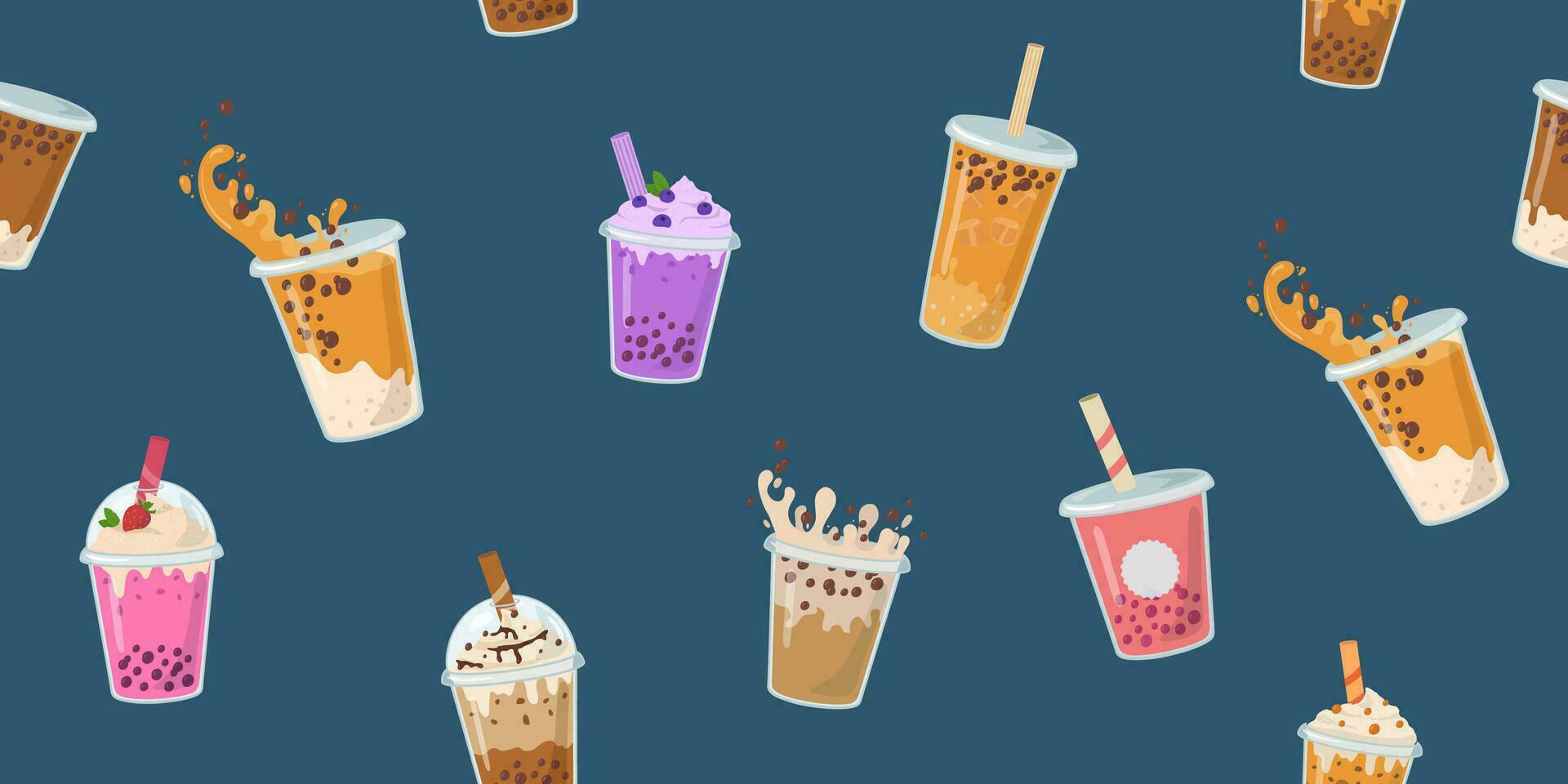 Bubble milk tea seamless pattern. Boba tea with tapioca balls background. Asian cold drink cartoon vector illustration