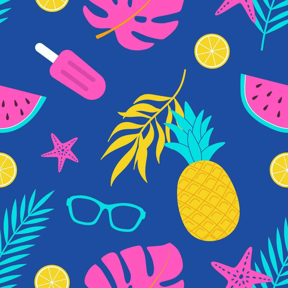 Summer seamless pattern with beach items and fruit. Watermelon, sunglasses, ice cream, pineapple, tropical leaves, lemon. Vector illustration. Print, fabric design, wrapping paper.