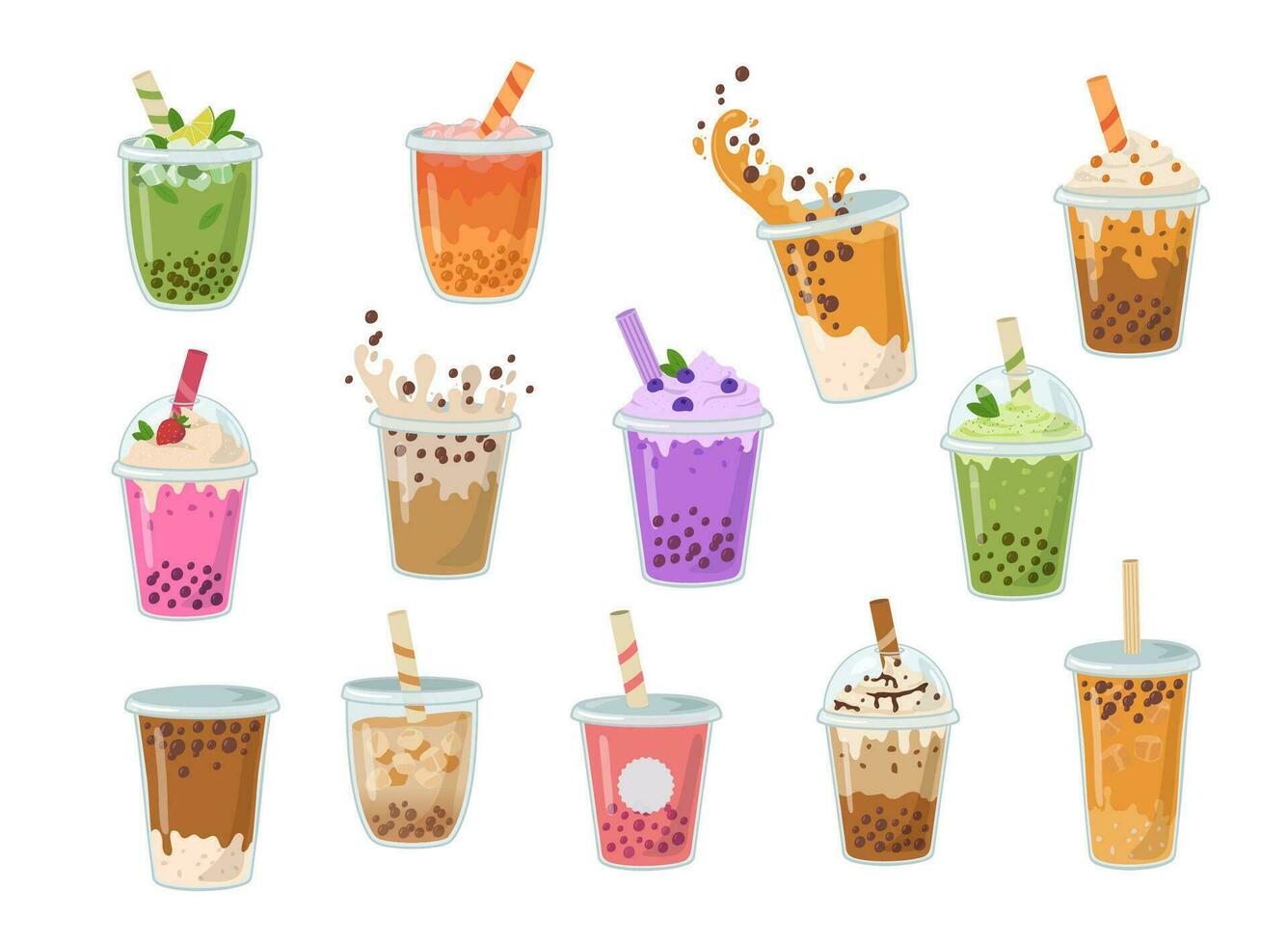 conjunto de burbuja Leche té con tapioca perlas asiático taiwanés bebida. verano sabroso frío bebidas malteada con chapoteo vector ilustración