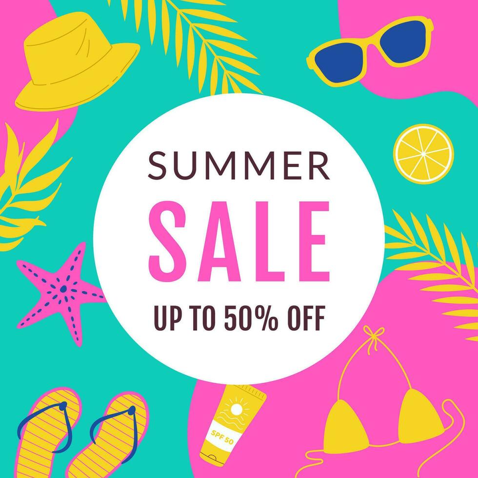 Summer sale banner with geometry abstract shapes, tropical leaves, sunglasses, bikini, hat. Poster, flyer, social media template. Flat vector illustration. Online shoping discounts deals.