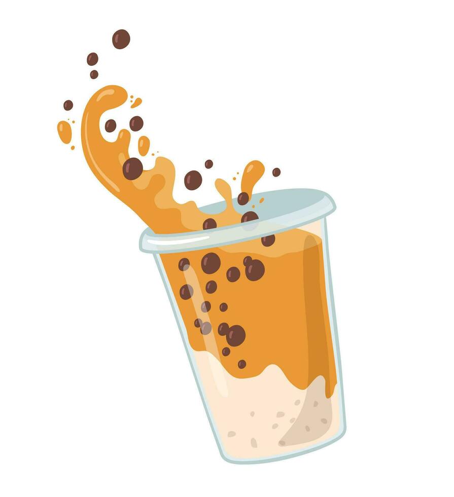 Bubble milk tea with tapioca pearls. Milkshake with splash vector illustration