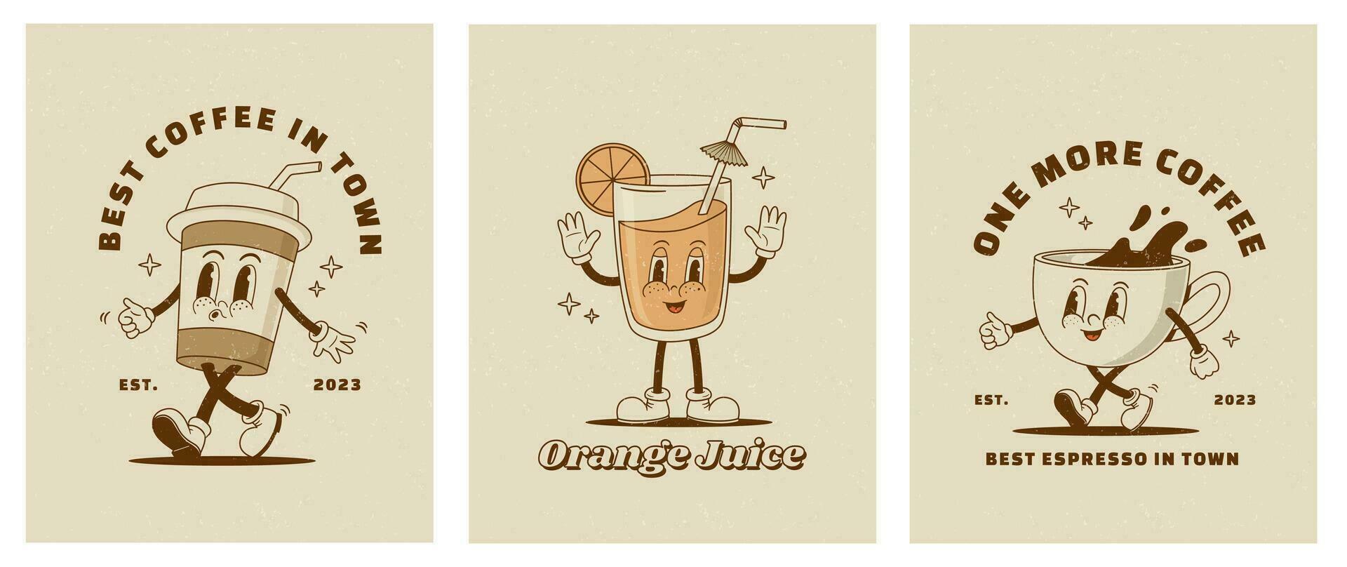 Set of retro cartoon funny characters posters. Vintage drink vector illustration. Latte, cappuccino, coffee cup, fresh juice mascot. Nostalgia 60, 70s, 80s. Print for cafe